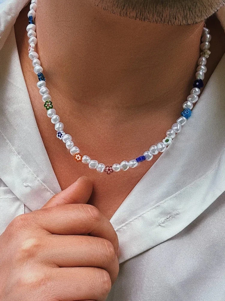 Asymmetrical Pearl & Flower Beach Necklace - Image 2