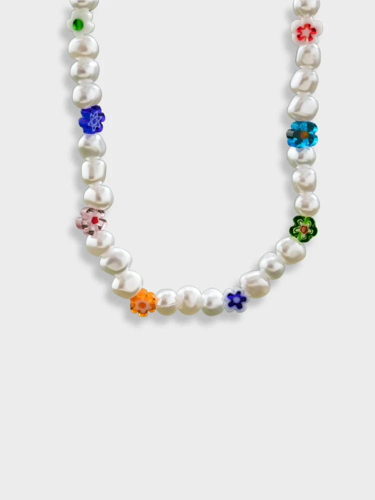 Asymmetrical Pearl & Flower Beach Necklace - Image 3