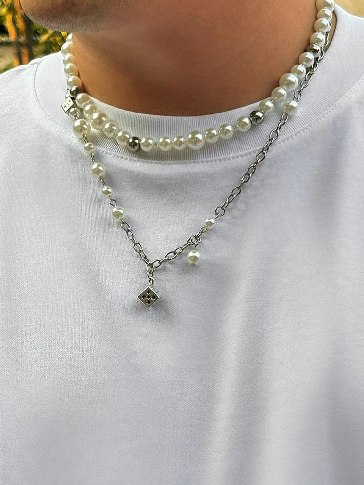 Double Silver & Pearl Dice Necklace - Image 4