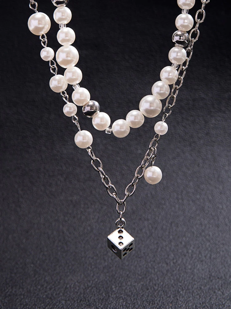 Double Silver & Pearl Dice Necklace - Image 5
