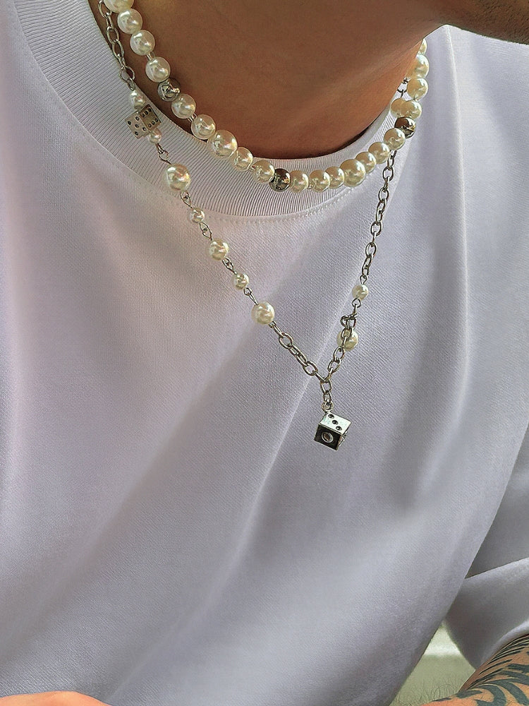 Double Silver & Pearl Dice Necklace - Image 6